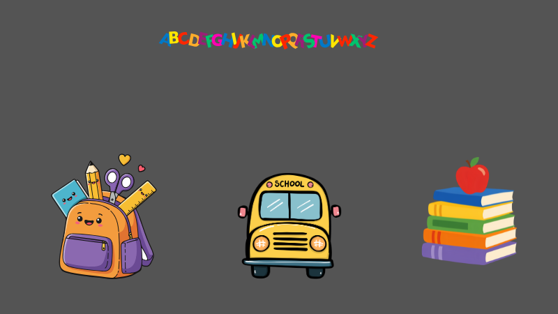 School back pack, bus, and books